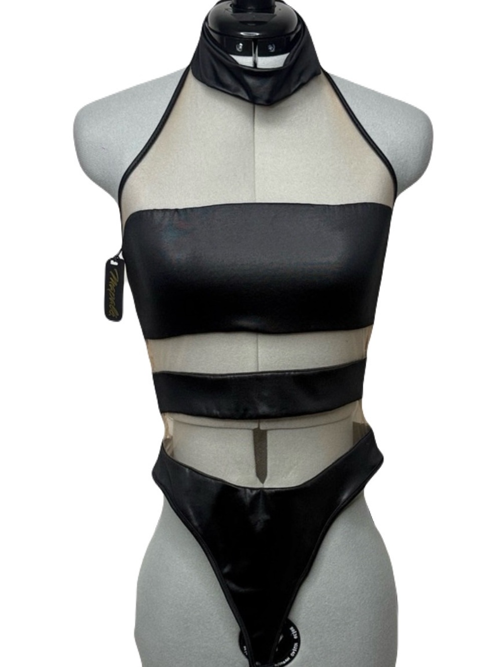 Hustler Hollywood Black Wet Look Vinyl Mesh Bodysuit M NWT